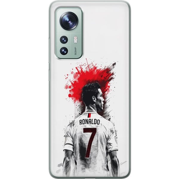 Yhteensopiva Puhelinkuori Xiaomi 12 Ronaldo Red Energy -aihe, jossa Cristiano Ronaldo on tyylitellyssä puna-valkoisessa designissa ja ilme on voimaka