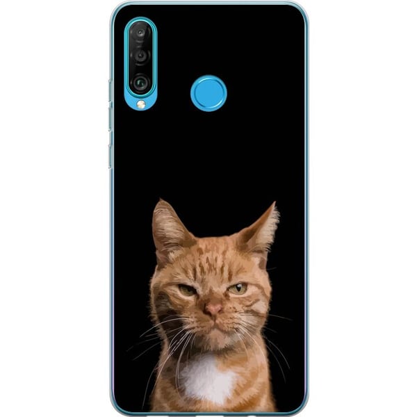 Kompatibelt Mobilskal till Huawei P30 lite Närbild av orange katt mot svart bakgrund med stark kontrast och uttrycksfull blick