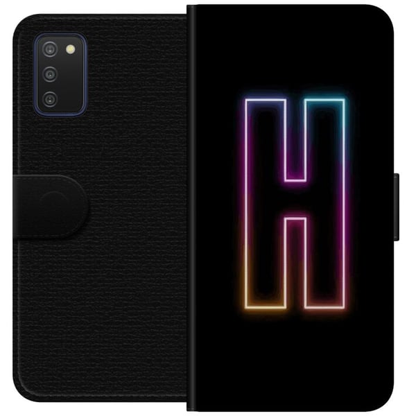 Kompatibelt Lommeboketui til Samsung Galaxy A03s Minimalistisk neonbokstav H i fargeskiftende lys mot svart bakgrunn