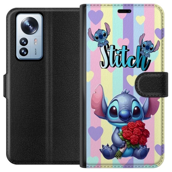 Kompatibelt Plånboksfodral till Xiaomi 12 Pro Stitch med rosor i romantisk tecknad stil mot randig bakgrund