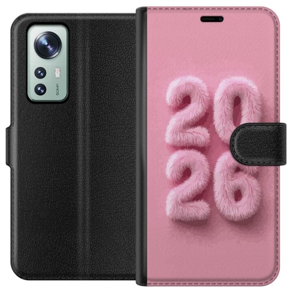Kompatibelt Plånboksfodral till Xiaomi 12 Rosa fluff 2026 text i pastell modern nyårstrend med mjuk design perfekt för dekoration och personlig stil