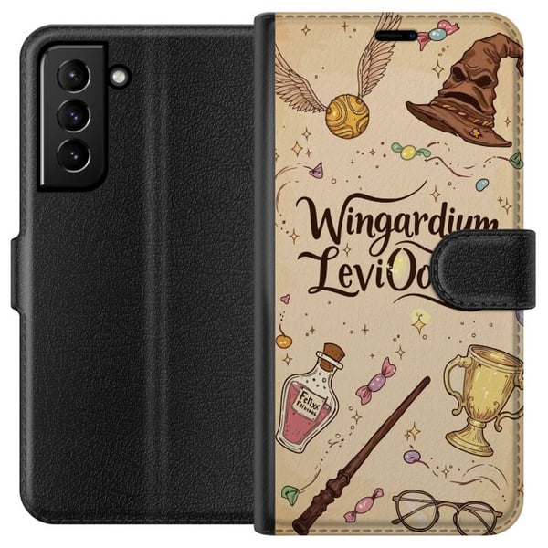 Kompatibelt Lommeboketui til Samsung Galaxy S21+ 5G Harry Potter Wingardium Leviosa-illustrasjon – magisk Harry Potter-tema med tryllestav, Snitch og Kompatibelt Lommeboketui til Samsung Galaxy S21+ 5G Harry Potter Wingardium Leviosa-illustrasjon – magisk Harry Potter-tema med tryllestav, Snitch og