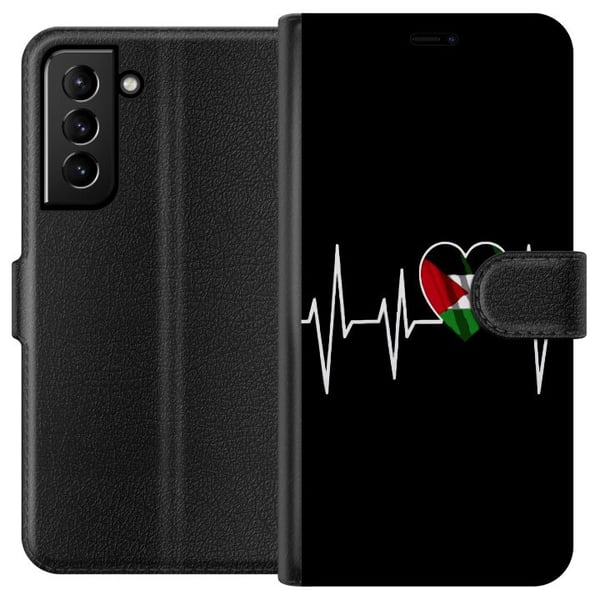 Kompatibelt Lommeboketui til Samsung Galaxy S21+ 5G Palestina-hjerte med EKG-linje flaggfarger svart rød hvit grønn sterk symbol for kjærlighet og fr Kompatibelt Lommeboketui til Samsung Galaxy S21+ 5G Palestina-hjerte med EKG-linje flaggfarger svart rød hvit grønn sterk symbol for kjærlighet og fr