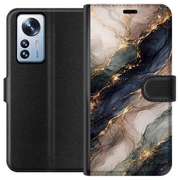 Kompatibelt Plånboksfodral till Xiaomi 12 Pro Lyxig abstrakt marmorkonst i svart, vitt och guld med eleganta linjer, exklusiv design för posters, tav