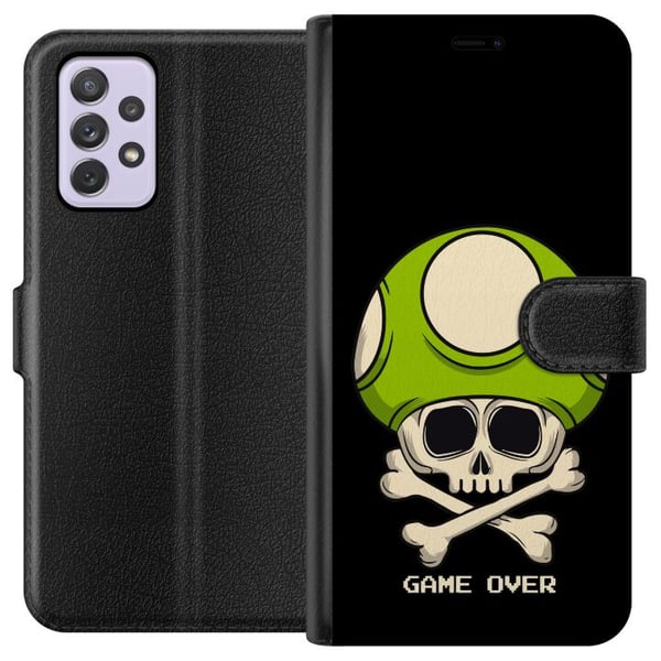 Kompatibelt Plånboksfodral till Samsung Galaxy A52s 5G Spelinspirerat motiv med dödskalle och grön svamp i retrostil med texten game over Kompatibelt Plånboksfodral till Samsung Galaxy A52s 5G Spelinspirerat motiv med dödskalle och grön svamp i retrostil med texten game over