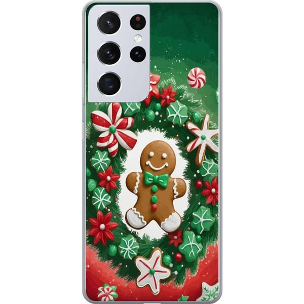Kompatibelt Mobildeksel til Samsung Galaxy S21 Ultra 5G Pepperkakekrans julemotiv med krans, pepperkake og klassisk grønnrød fargetone Kompatibelt Mobildeksel til Samsung Galaxy S21 Ultra 5G Pepperkakekrans julemotiv med krans, pepperkake og klassisk grønnrød fargetone