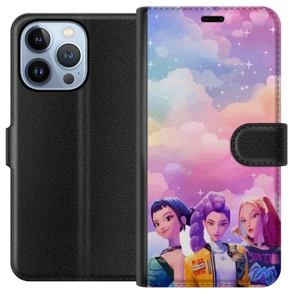 Yhteensopiva Lompakkokotelo Apple iPhone 13 Pro Värikäs pop-tyttötrio futuristisella tyylillä ja pastellitaivaalla, moderni nuorekas kuvitus
