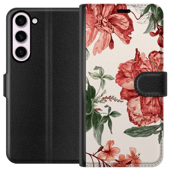 Kompatibelt Lommeboketui til Samsung Galaxy S23+ Røde blomster, botanisk motiv med grønne blader, elegant stil for deg som liker naturens farger