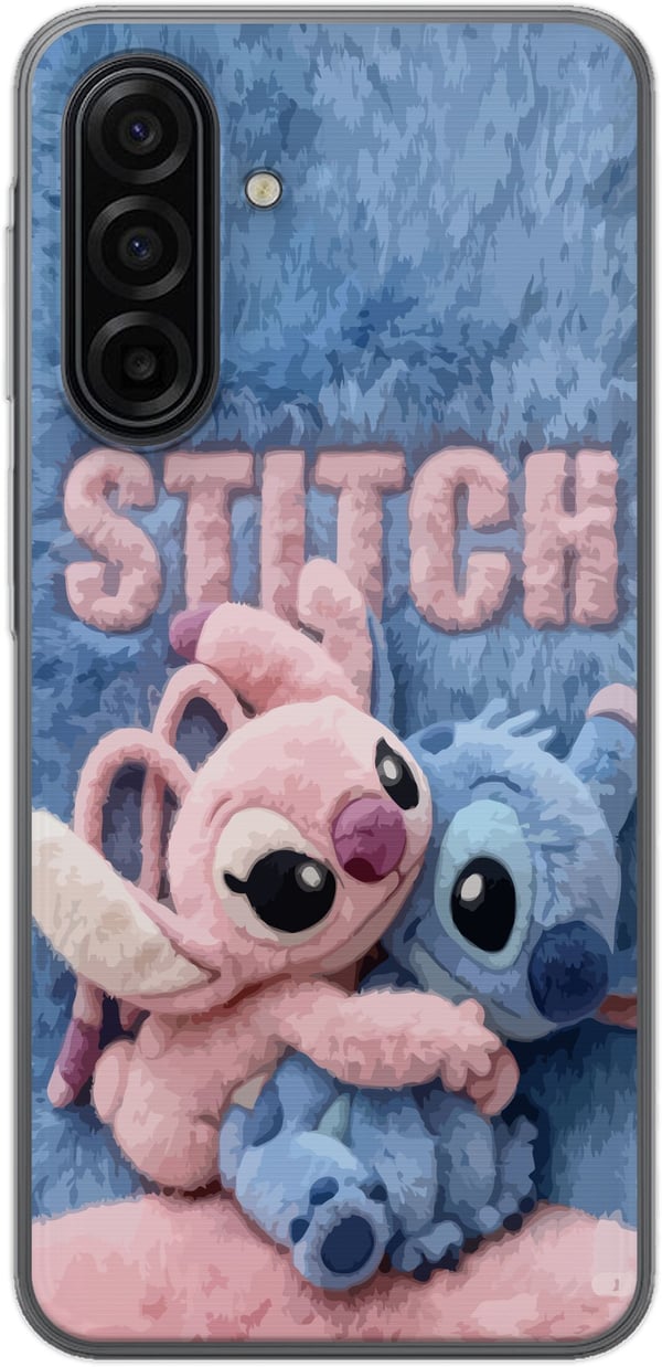 Yhteensopiva Puhelinkuori Samsung Galaxy A17 5G Pörröiset Stitch ja Angel halaavat toisiaan pehmeällä, karvaisella alustalla. Pastellivärit luovat lä