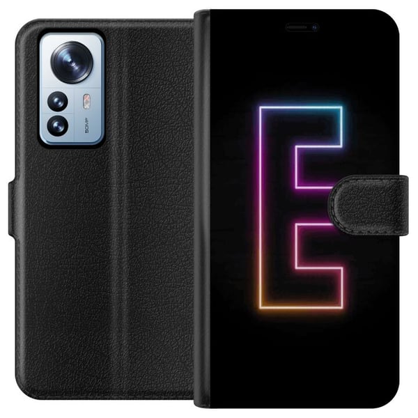 Kompatibelt Plånboksfodral till Xiaomi 12 Pro Minimalistisk neonbokstav E i lysande färger mot mörk bakgrund