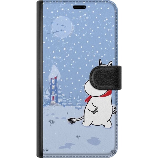 Kompatibelt Plånboksfodral till Samsung Galaxy A32 5G Figur står i stilla vinterlandskap med snöfall blå toner och måne som skapar lugn harmoni och m