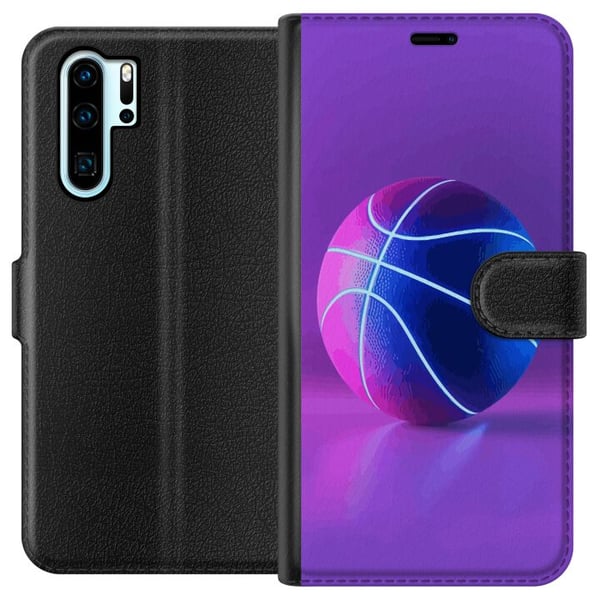 Kompatibel Tegnebogsetui til Huawei P30 Pro Basketballplakat neon basketball sport glødende lilla blå retrobane atlet sportsdesign kunst