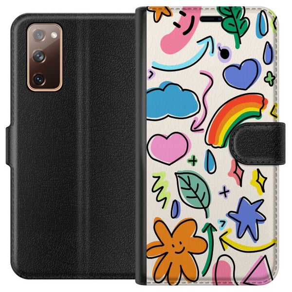 Kompatibelt Lommeboketui til Samsung Galaxy S20 FE Doodle-illustrasjon med stjerner, hjerter, regnbue, skyer, blader og piler – perfekt for deg som l