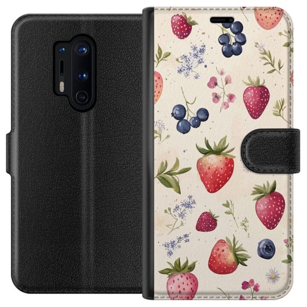 Kompatibel Tegnebogsetui til OnePlus 8 Pro Sommerligt bærmønster med jordbær, blåbær og blomster i akvarel – trendy og frisk design, der passer til a