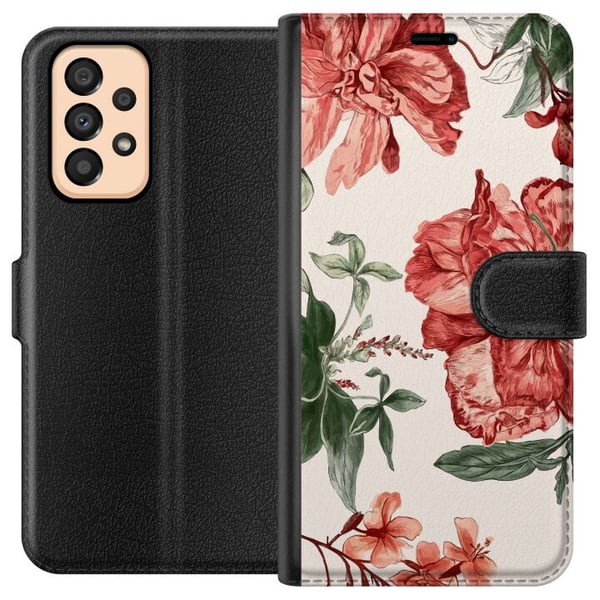 Yhteensopiva Lompakkokotelo Samsung Galaxy A33 5G Punaiset kukat, kasviaihe vihreine lehtineen, elegantti tyyli sinulle, joka pidät luonnon väreistä