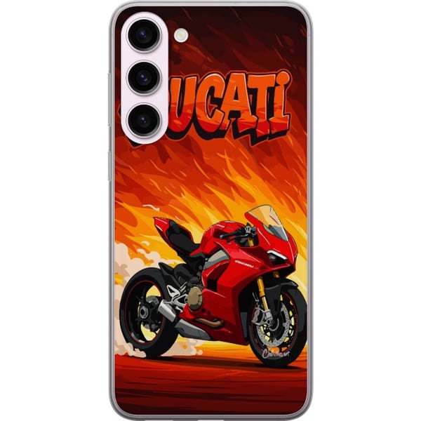 Kompatibel Mobilcover til Samsung Galaxy S23+ Ducati rød sportsmotorcykel mod en brændende baggrund fartfyldt motiv for motorentusiaster Kompatibel Mobilcover til Samsung Galaxy S23+ Ducati rød sportsmotorcykel mod en brændende baggrund fartfyldt motiv for motorentusiaster