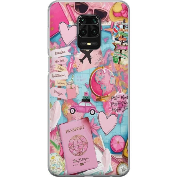 Kompatibel Mobilcover til Xiaomi Redmi Note 9S Pink og turkis rejsecollage med verdenskort pas fly kameraer hjerter og destinationer moderne rejseæst