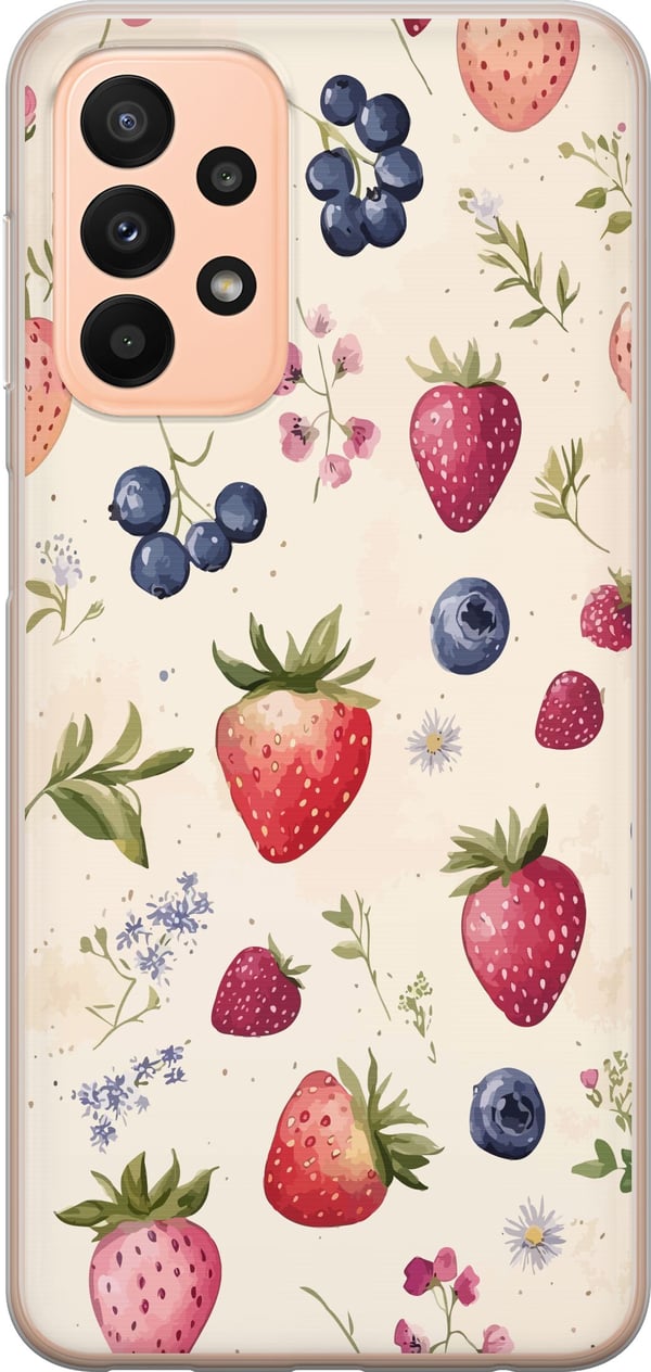 Kompatibel Mobilcover til Samsung Galaxy A23 Sommerligt bærmønster med jordbær, blåbær og blomster i akvarel – trendy og frisk design, der passer til
