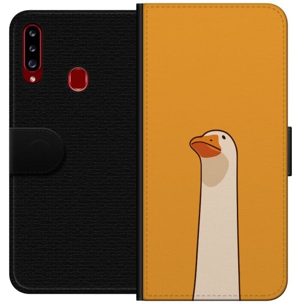 Kompatibelt Lommeboketui til Samsung Galaxy A20s Minimalistisk gåseillustrasjon på varm gul bakgrunn – humoristisk dyredesign i moderne og rolig cart