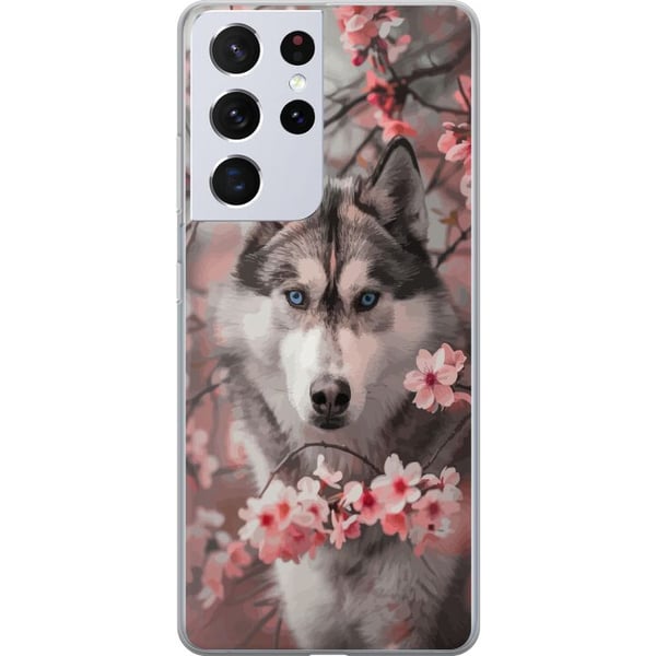 Kompatibelt Mobildeksel til Samsung Galaxy S21 Ultra 5G Husky med blå øyne blant rosa kirsebærblomster – vakkert, naturinspirert og detaljrikt motiv. Kompatibelt Mobildeksel til Samsung Galaxy S21 Ultra 5G Husky med blå øyne blant rosa kirsebærblomster – vakkert, naturinspirert og detaljrikt motiv.