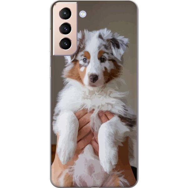 Kompatibelt Mobildeksel til Samsung Galaxy S21 Hundevalp-illustrasjon – Søt, lodden valp i portrettdesign med blå øyne