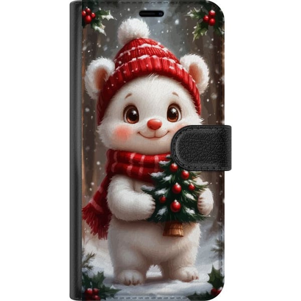 Kompatibelt Plånboksfodral till Samsung Galaxy A32 5G Julbjörn röd mössa söt bear liten gran kawaii cosy winter forest festive christmas art poster