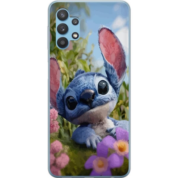 Kompatibel Mobilcover til Samsung Galaxy A32 5G Blå tegnet figur inspireret af Stitch i naturlige omgivelser med blomster og et sødt udtryk, perfekt