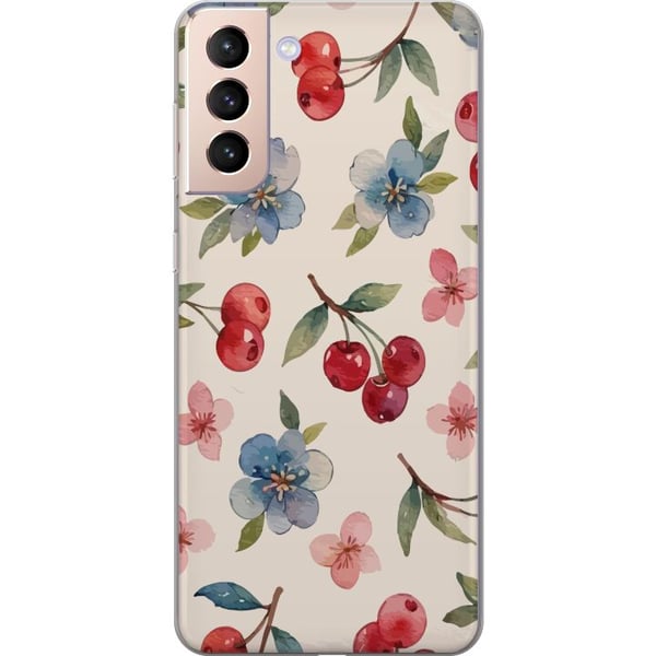 Kompatibelt Mobildeksel til Samsung Galaxy S21 Bær & Blomster - mønster med blå blomster og skogsbær Kompatibelt Mobildeksel til Samsung Galaxy S21 Bær & Blomster - mønster med blå blomster og skogsbær