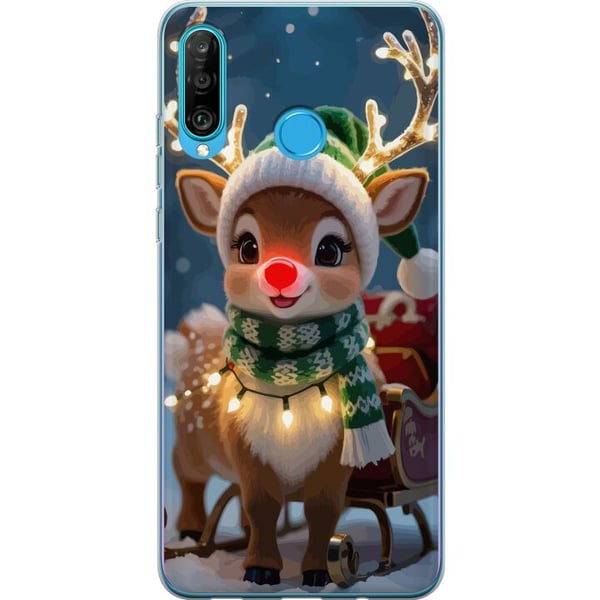 Kompatibelt Mobilskal till Huawei P30 lite Julig ren med lysande horn röd nos och stickad grön mössa står framför släde i snötäckt miljö och sprider