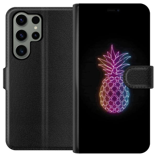 Kompatibel Tegnebogsetui til Samsung Galaxy S23 Ultra Neonillustration af ananas i farverigt lys mod sort baggrund i legende design