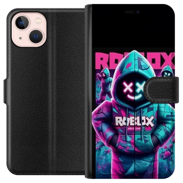 Kompatibelt Plånboksfodral till Apple iPhone 13 mini Roblox Hoodie Legend Mystisk Robloxfigur i blå hoodie med futuristiskt neonljus