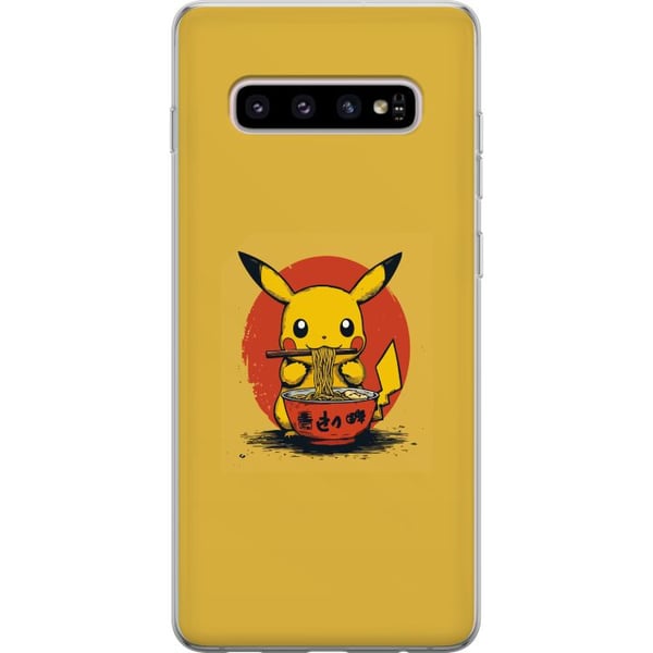 Kompatibelt Mobilskal till Samsung Galaxy S10+ Pikachu som äter ramen i japansk animeinspirerad stil mot gul bakgrund ett roligt modernt motiv för fa
