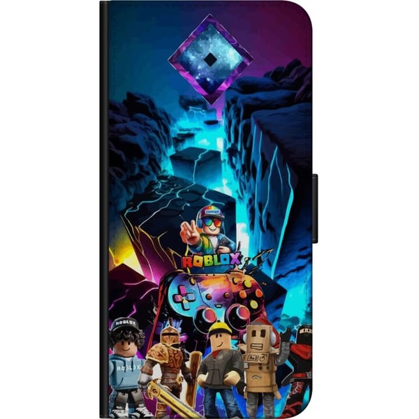 Kompatibelt Plånboksfodral till Samsung Galaxy A20s Roblox futuristisk neonvärld med spelkontroller, karaktärer och ljuseffekter – perfekt för alla g
