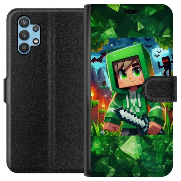 Kompatibelt Plånboksfodral till Samsung Galaxy A32 5G Minecraft gamer boy green hoodie – tecknad Minecraft pojke med svärd, pixlar och äventyrstema