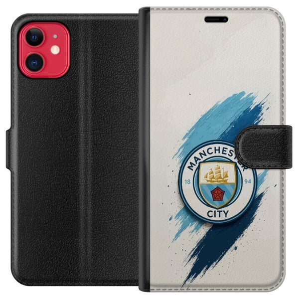 Kompatibelt Plånboksfodral till Apple iPhone 11 Manchester City fotboll Jack Grealish blå penseldrag illustration
