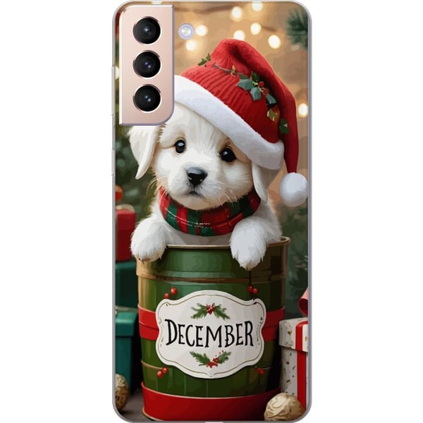 Kompatibelt Mobildeksel til Samsung Galaxy S21 Desember valp jul søt hund nisselue koselig jul valp festlig snø lys bedårende høytid plakat