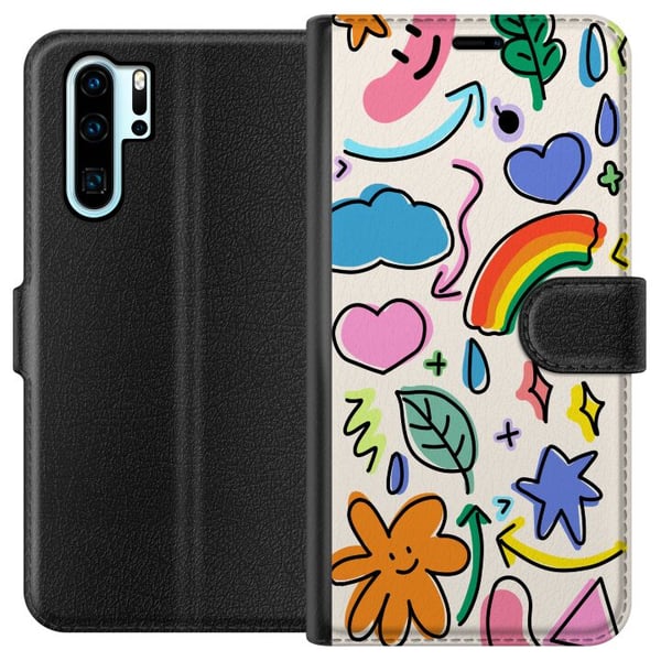 Yhteensopiva Lompakkokotelo Huawei P30 Pro Doodle-kuvitus, jossa on tähtiä, sydämiä, sateenkaari, pilviä, lehtiä ja nuolia – täydellinen sinulle, jok