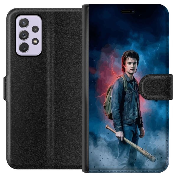 Kompatibelt Plånboksfodral till Samsung Galaxy A52s 5G Stranger Things porträtt med basebollträ blixtar och dramatisk bakgrund Kompatibelt Plånboksfodral till Samsung Galaxy A52s 5G Stranger Things porträtt med basebollträ blixtar och dramatisk bakgrund