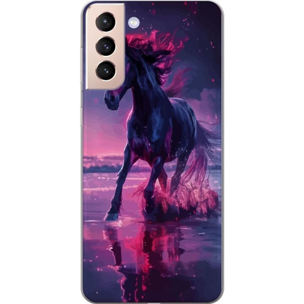 Kompatibelt Mobildeksel til Samsung Galaxy S21 Elegant svart hest som løper gjennom vann i lilla og rosa lys med en magisk følelse Kompatibelt Mobildeksel til Samsung Galaxy S21 Elegant svart hest som løper gjennom vann i lilla og rosa lys med en magisk følelse