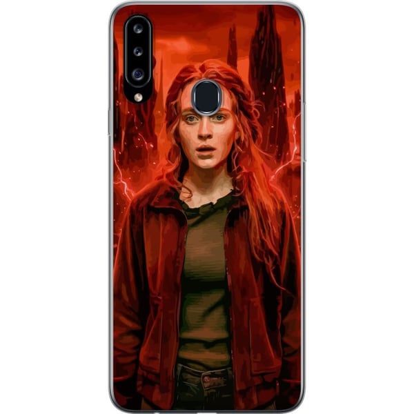 Kompatibelt Mobilskal till Samsung Galaxy A20s Porträtt av ung kvinna med rött hår i apokalyptiskt landskap med röda blixtar