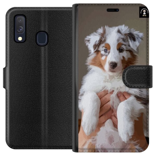 Kompatibel Tegnebogsetui til Samsung Galaxy A40 Sød hvalp med blå øjne og fluffy pels – perfekt til hundeelskere, der ønsker et charmerende og modern