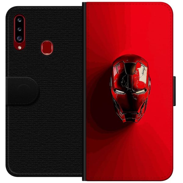 Kompatibelt Plånboksfodral till Samsung Galaxy A20s Iron Man Marvel hjälm poster Avengers Tony Stark mask röd superhero retro comic illustration desi