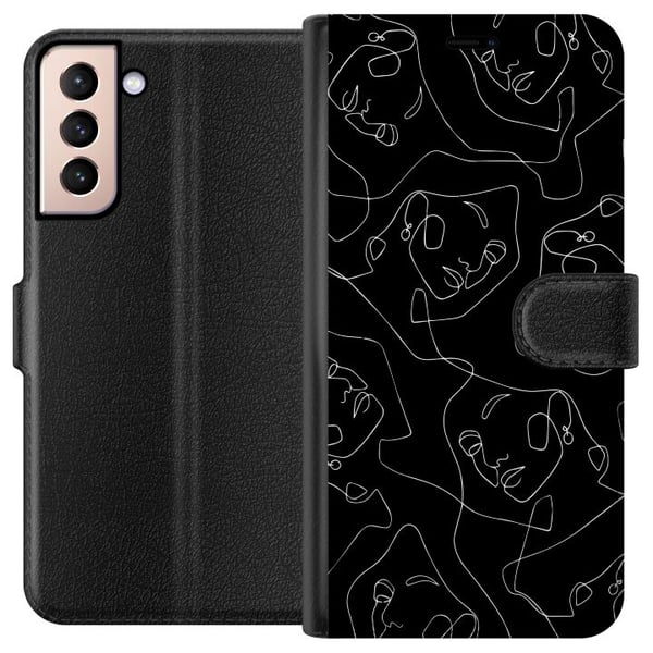 Kompatibelt Lommeboketui til Samsung Galaxy S21 Abstrakte ansikter strekunst i hvitt på mørk bakgrunn moderne minimalistisk stil for kunstelskere