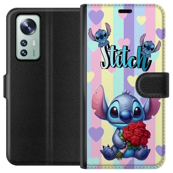 Yhteensopiva Lompakkokotelo Xiaomi 12 Stitch ruusujen kanssa romanttisessa piirroskuvatyylissä raidallista taustaa vasten