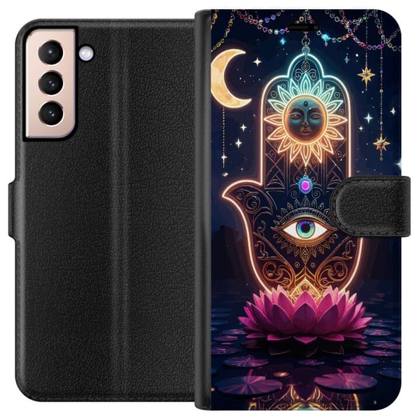 Kompatibelt Lommeboketui til Samsung Galaxy S21 Symbolisk håndillustrasjon med øye, blomst og lys