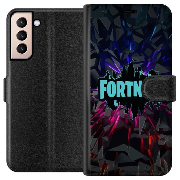 Kompatibelt Lommeboketui til Samsung Galaxy S21 Fortnite-plakat – Logo i blå neon på svart bakgrunn, gamingdesign Kompatibelt Lommeboketui til Samsung Galaxy S21 Fortnite-plakat – Logo i blå neon på svart bakgrunn, gamingdesign