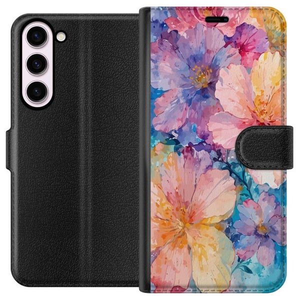 Kompatibel Tegnebogsetui til Samsung Galaxy S23+ Akvarelmåleri med store blomster i rosa, blå og gule nuancer i en blød, kunstnerisk stil