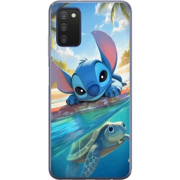 Kompatibel Mobilcover til Samsung Galaxy A03s Stitch med skildpadde - sød blå alien i tropisk strandmiljø fra Disney