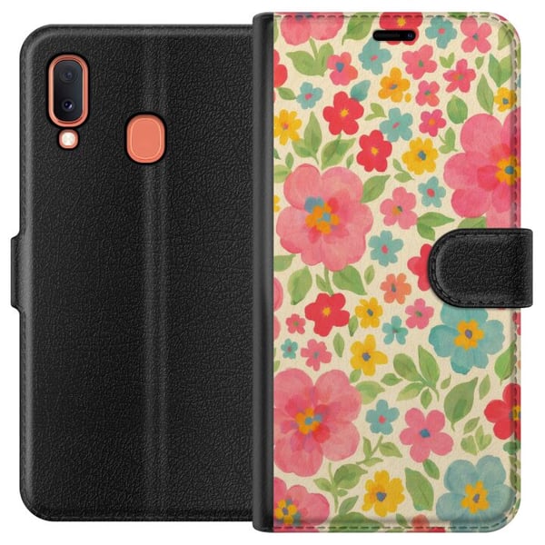 Kompatibelt Lommeboketui til Samsung Galaxy A20e Lekne blomster i et fargerikt håndmalt mønster Kompatibelt Lommeboketui til Samsung Galaxy A20e Lekne blomster i et fargerikt håndmalt mønster