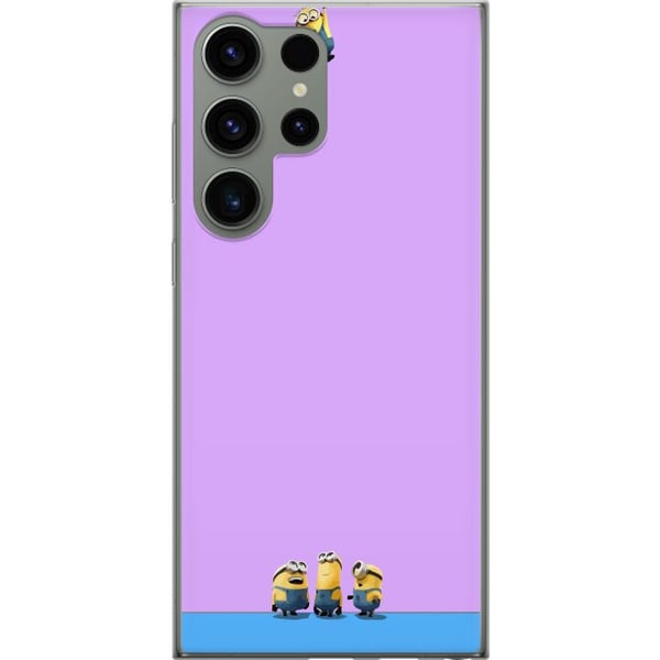 Kompatibelt Mobilskal till Samsung Galaxy S23 Ultra Minions illustration med lila och blå bakgrund humoristiskt filmtema för fans av roliga karaktäre